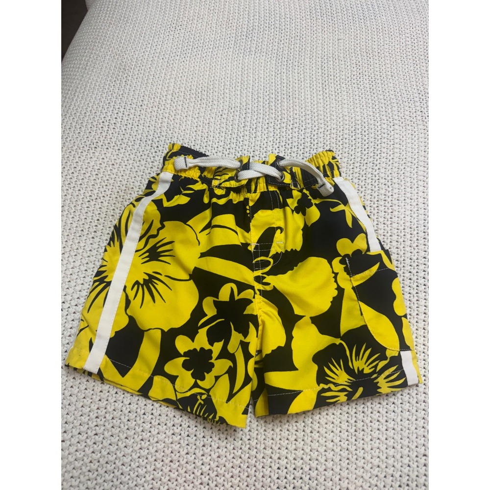 Tommy Hilfiger Baby Boy Swim Trunks Yellow Black Hibiscus Floral Shorts 12-18M